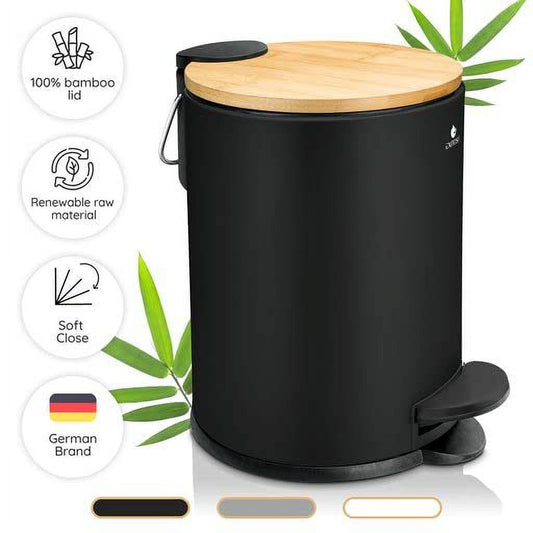 Exitoso? Bathroom Trash Can with Lid - Quiet Soft Close, Bamboo Lid, 0.8 gal (Black)