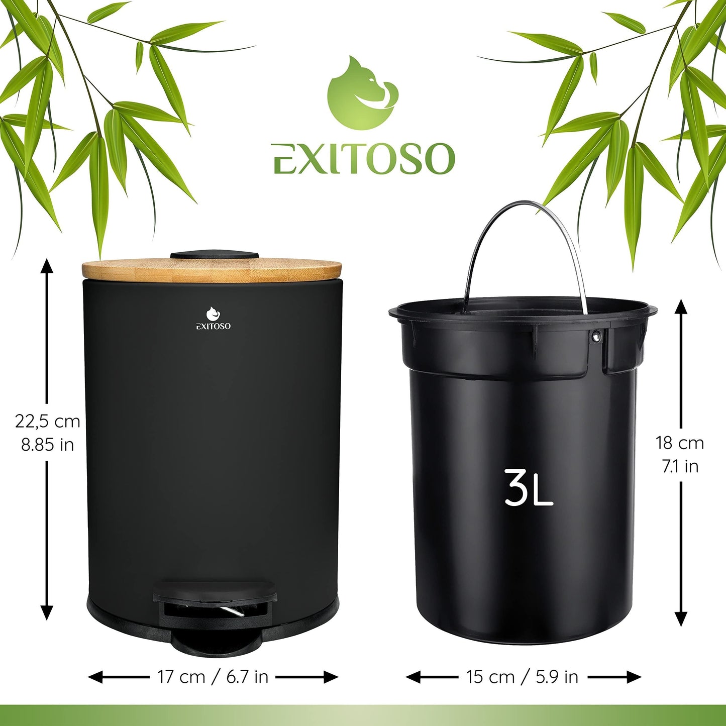 Exitoso? Bathroom Trash Can with Lid - Quiet Soft Close, Bamboo Lid, 0.8 gal (Black)
