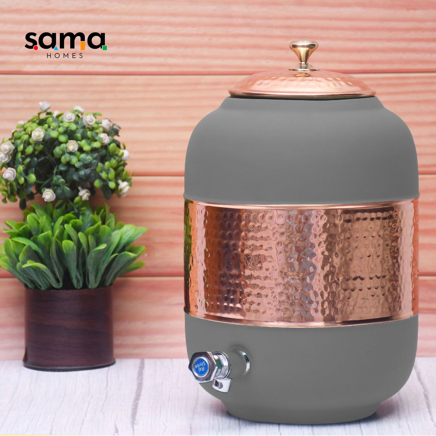 Pure Copper Water Dispenser with Silk Finish and Half Hammered Design 5 & 8 Liter | Colours Available - Red, Blue, Green, Yellow, Black, Gray