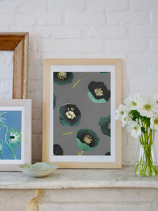 Art Print: Green Winter Rose on Charcoal