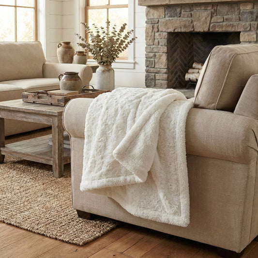 DaDa Bedding Luxury White Roses Fluffy Soft Sherpa Backside Faux Fur Throw Blanket (K11)