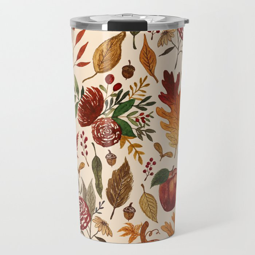 Watercolor Floral Pumpkin, Leaves, & Berries Travel Mug