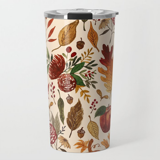 Watercolor Floral Pumpkin, Leaves, & Berries Travel Mug