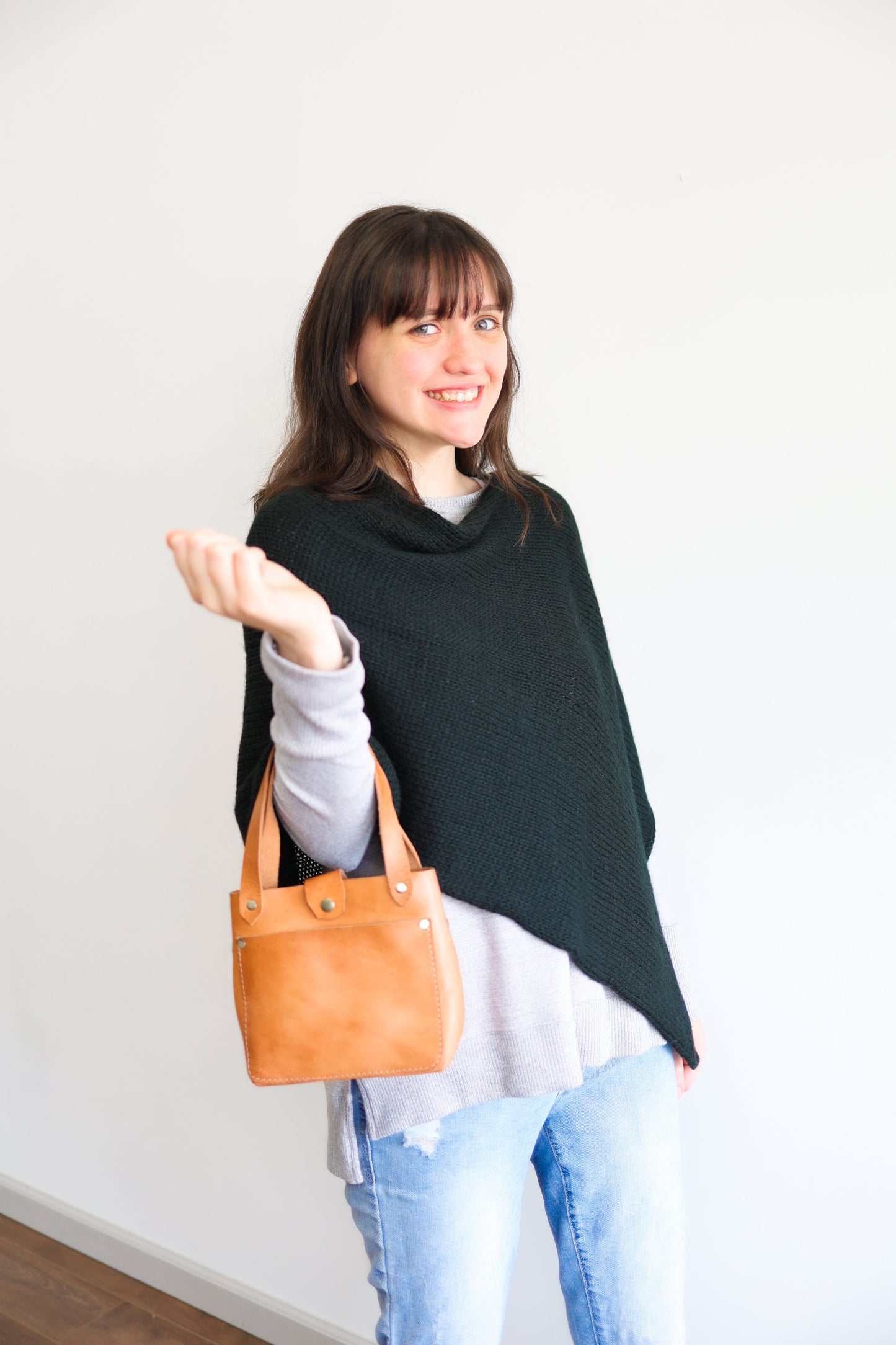 Black Alpaca Hand Knit Poncho Wrap