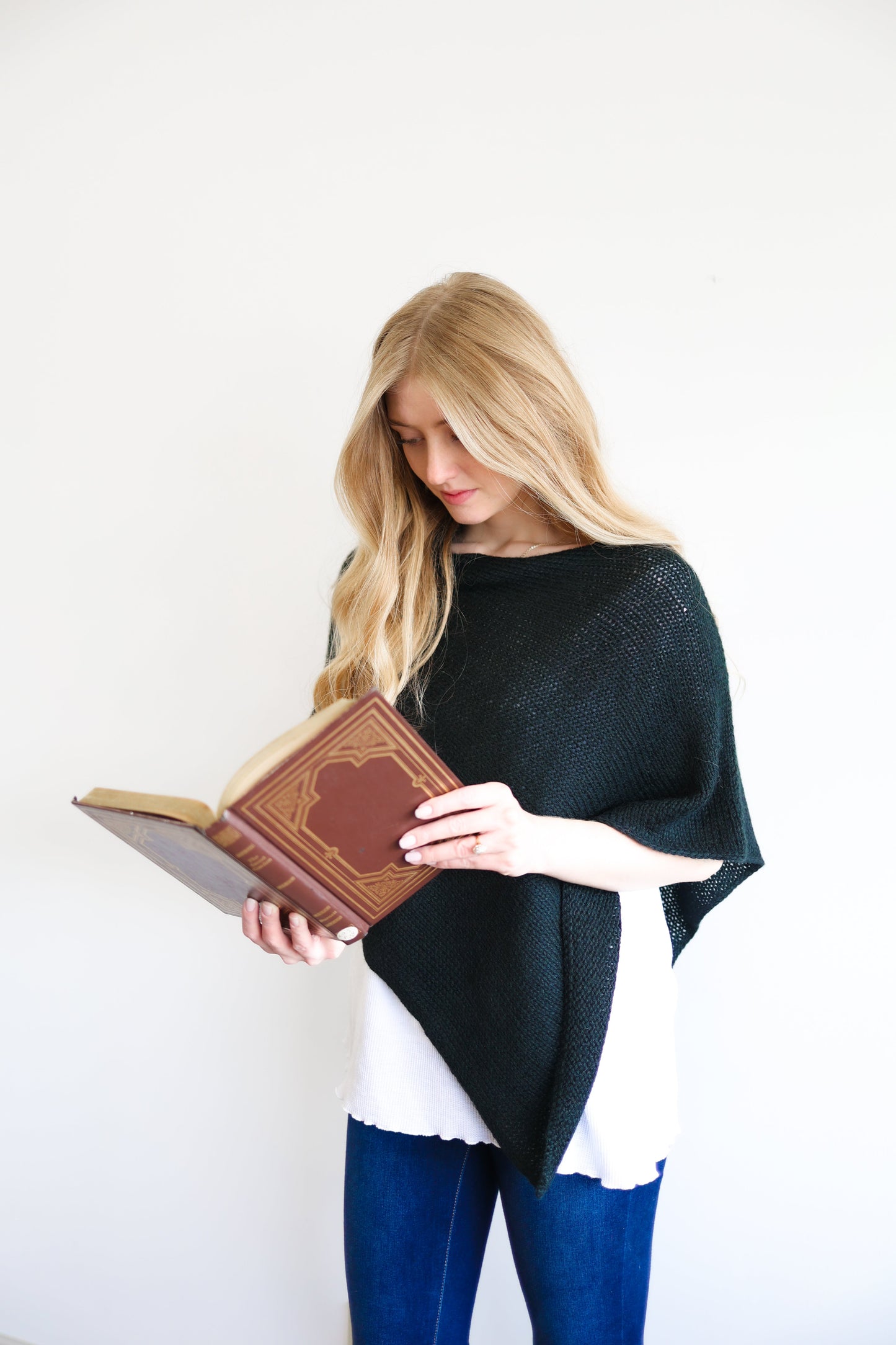 Black Alpaca Hand Knit Poncho Wrap