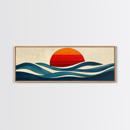 Retro Art Deco Sunset over The Ocean, Framed Canvas Print, Vector Image Style Artwork, Wood Frame, Boho / Eclectic Home Decor, Minimalist Decor