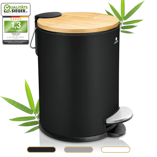 Exitoso? Bathroom Trash Can with Lid - Quiet Soft Close, Bamboo Lid, 0.8 gal (Black)