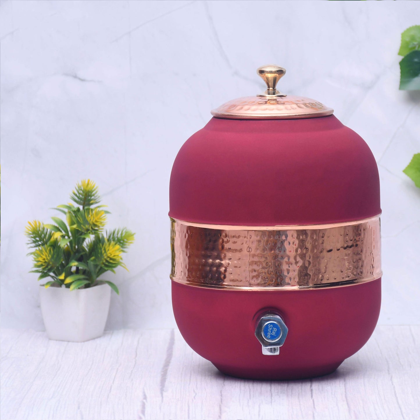 Pure Copper Water Dispenser with Silk Finish and Half Hammered Design 5 & 8 Liter | Colours Available - Red, Blue, Green, Yellow, Black, Gray