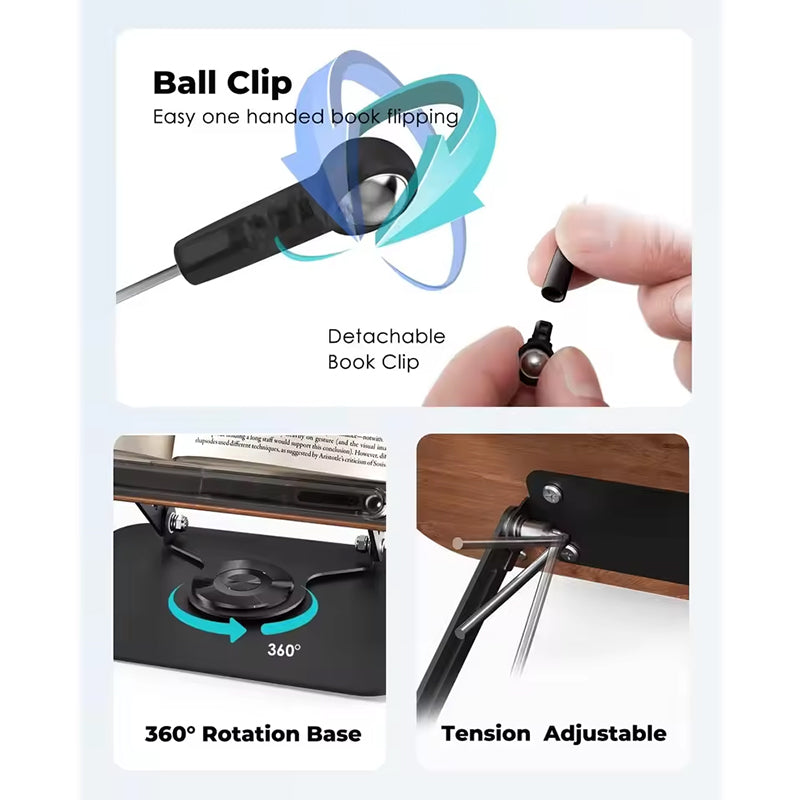 Adjustable 360° Rotating Book Stand with Elastic Clips, for Cookbooks, Laptops & More