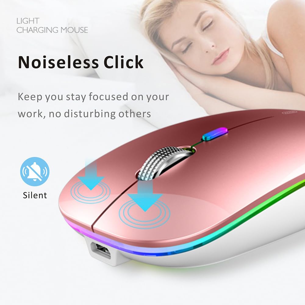 LED Wireless Mouse, G12 Slim Rechargeable Silent Mouse, 2.4G Portable USB Optical Wireless Computer Mice with USB Receiver and Type C Adapter