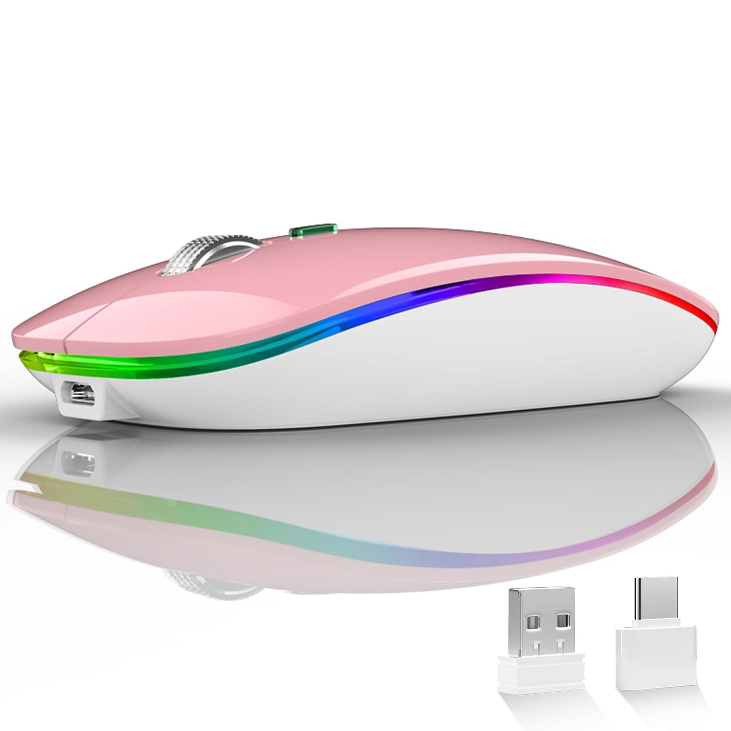 LED Wireless Mouse, G12 Slim Rechargeable Silent Mouse, 2.4G Portable USB Optical Wireless Computer Mice with USB Receiver and Type C Adapter