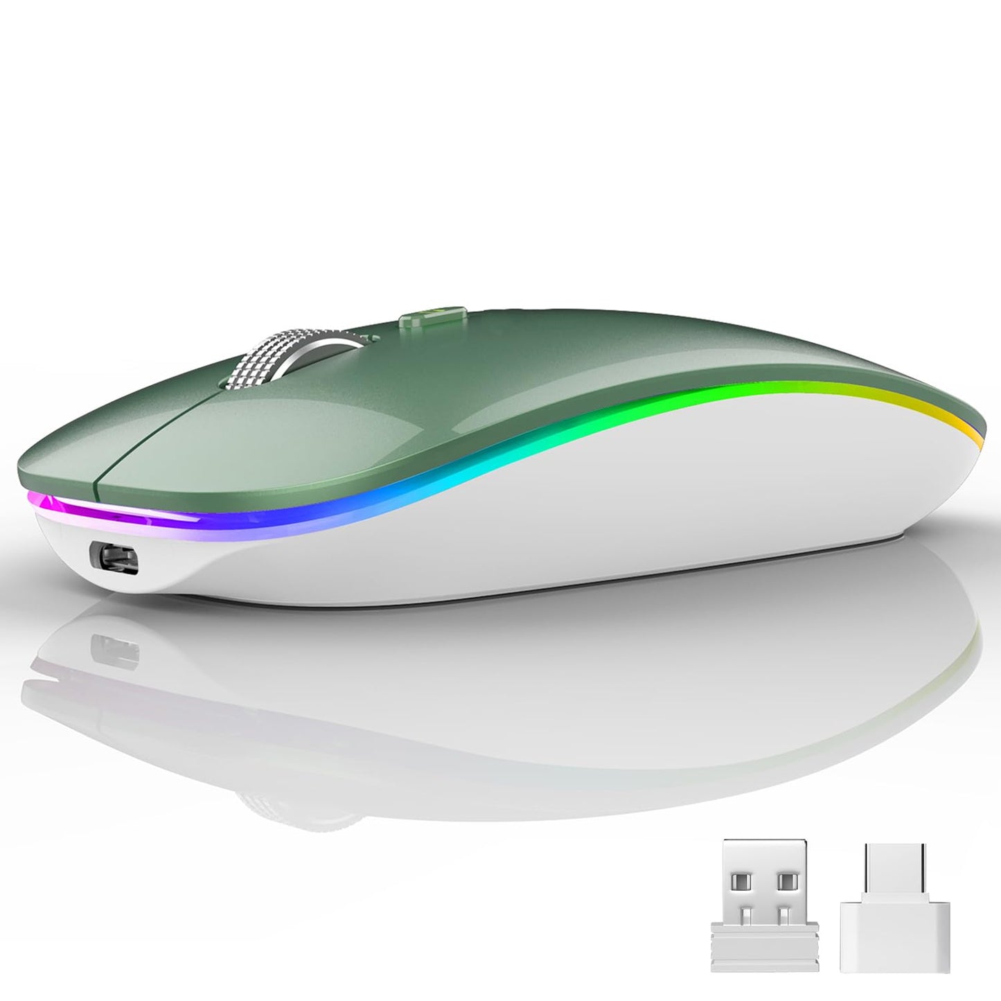 LED Wireless Mouse, G12 Slim Rechargeable Silent Mouse, 2.4G Portable USB Optical Wireless Computer Mice with USB Receiver and Type C Adapter