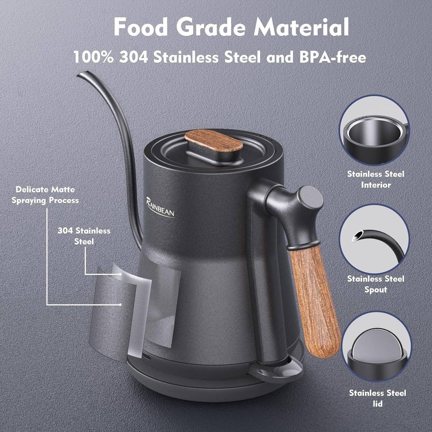 Leak-Proof Gooseneck Electric Kettle for Coffee Brewing, Stainless Steel