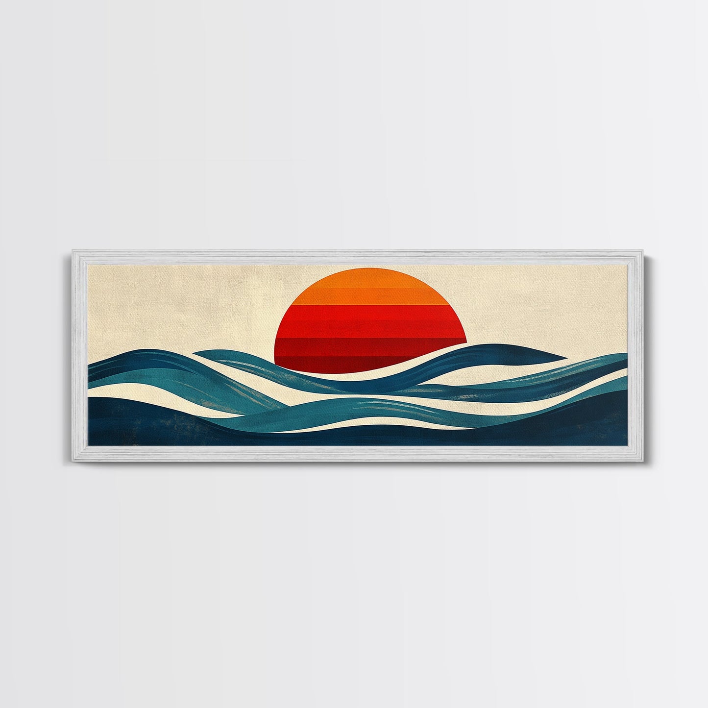 Retro Art Deco Sunset over The Ocean, Framed Canvas Print, Vector Image Style Artwork, Wood Frame, Boho / Eclectic Home Decor, Minimalist Decor