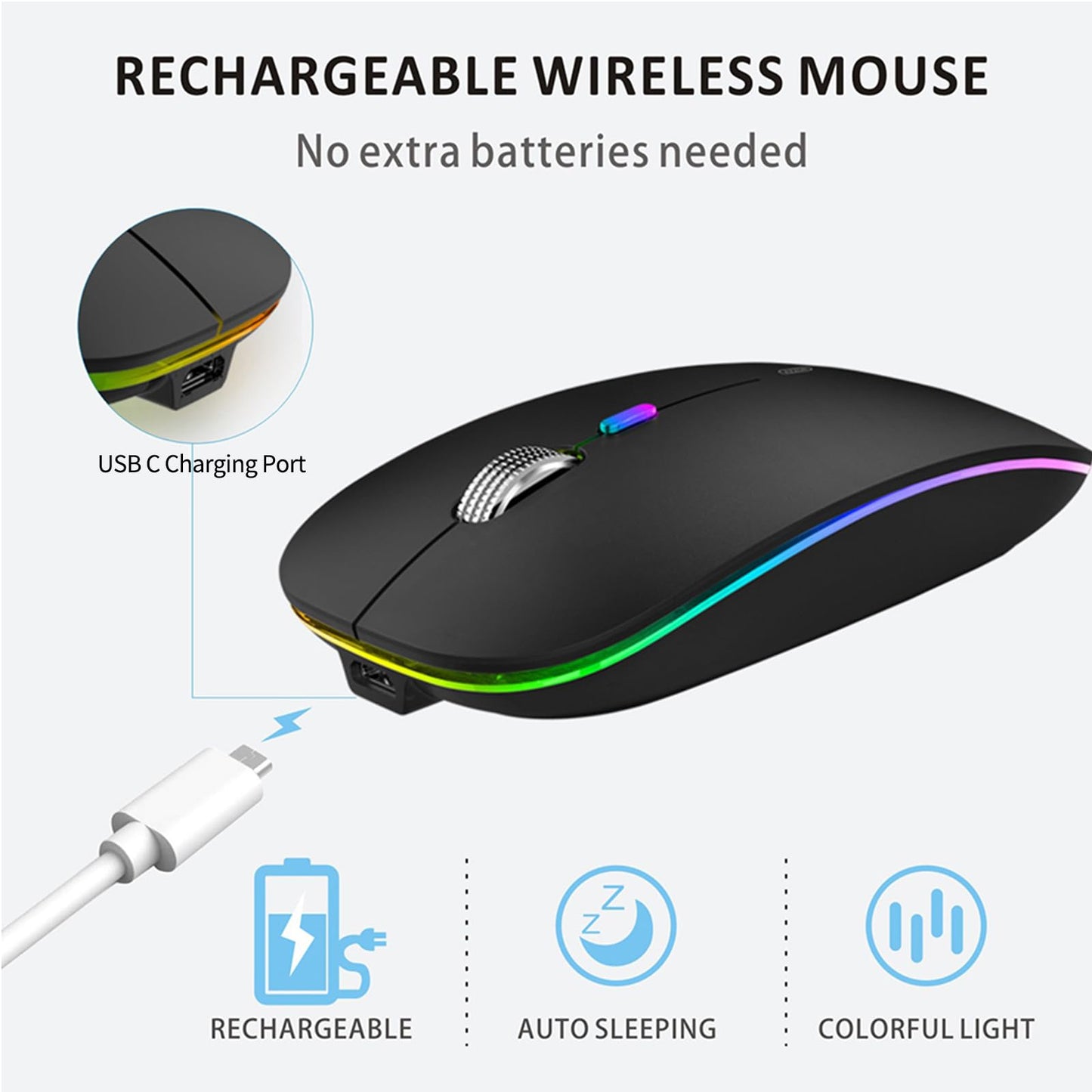 LED Wireless Mouse, G12 Slim Rechargeable Silent Mouse, 2.4G Portable USB Optical Wireless Computer Mice with USB Receiver and Type C Adapter