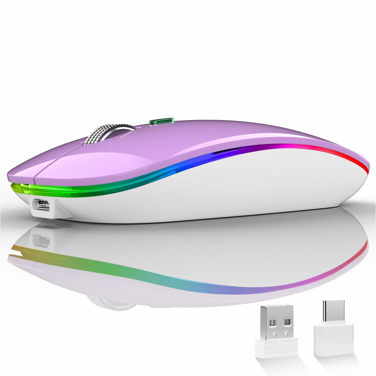 LED Wireless Mouse, G12 Slim Rechargeable Silent Mouse, 2.4G Portable USB Optical Wireless Computer Mice with USB Receiver and Type C Adapter