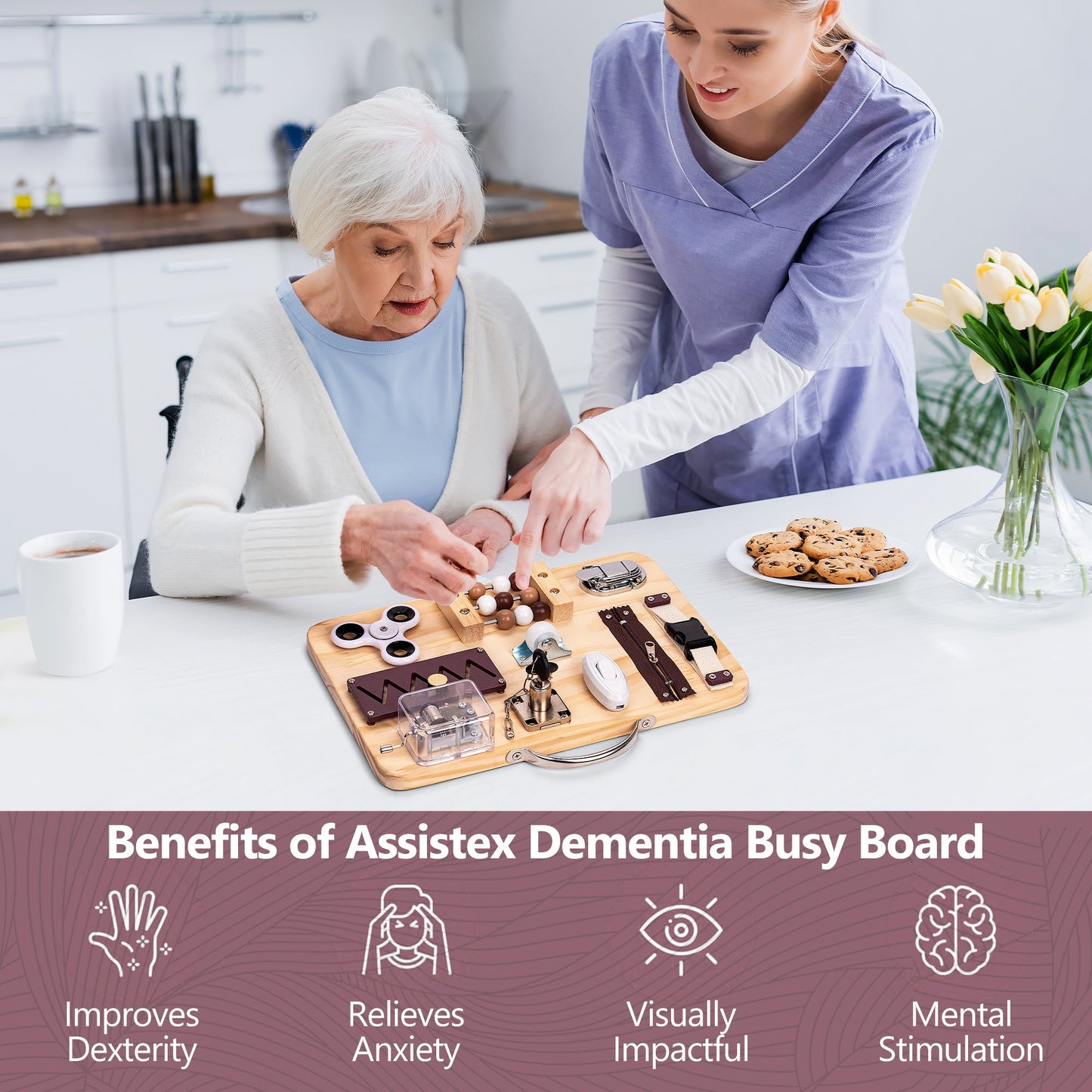 Wooden Fidget Busy Board for Adults with Altzheimer's, Dementia-friendly games