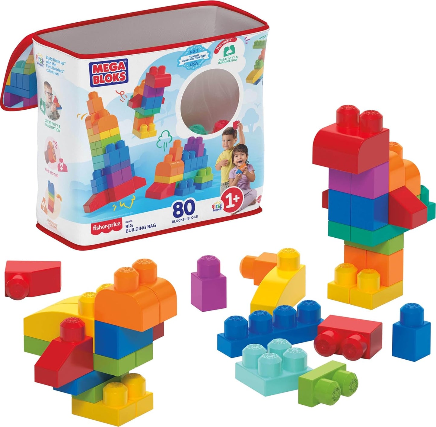 Bloks First Builders Toddler Blocks Toys Set, Big Building Bag with 80 Pieces and Storage, Ages 1+ Years