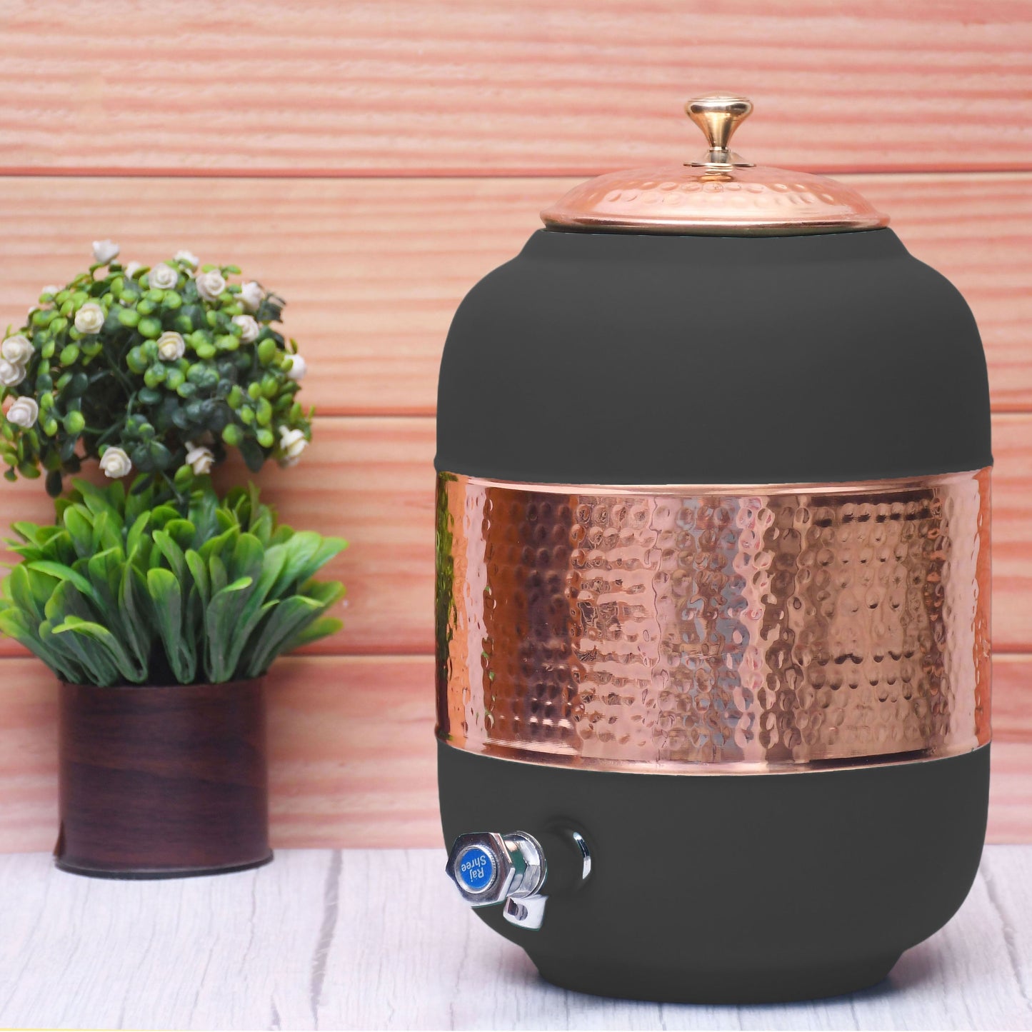 Pure Copper Water Dispenser with Silk Finish and Half Hammered Design 5 & 8 Liter | Colours Available - Red, Blue, Green, Yellow, Black, Gray