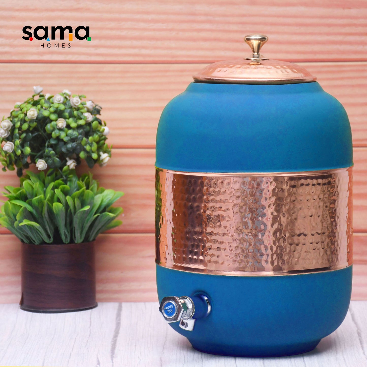Pure Copper Water Dispenser with Silk Finish and Half Hammered Design 5 & 8 Liter | Colours Available - Red, Blue, Green, Yellow, Black, Gray