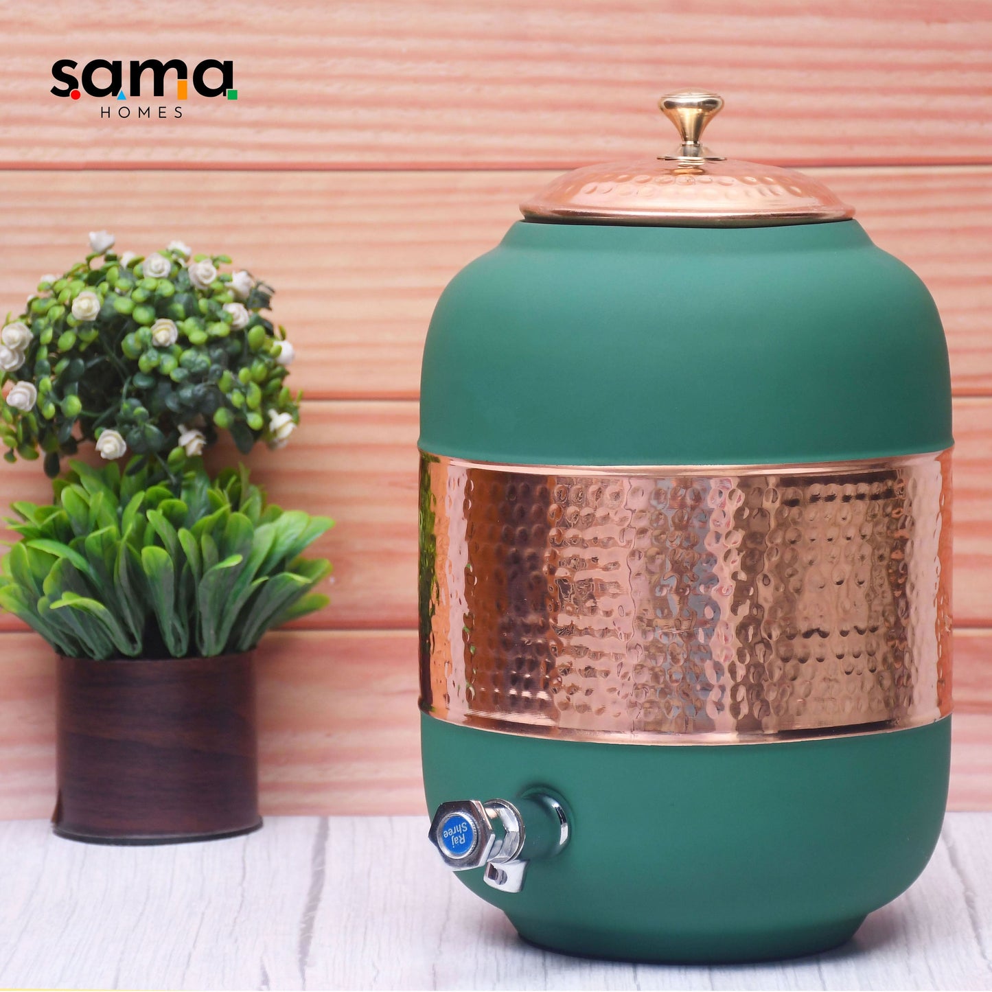 Pure Copper Water Dispenser with Silk Finish and Half Hammered Design 5 & 8 Liter | Colours Available - Red, Blue, Green, Yellow, Black, Gray