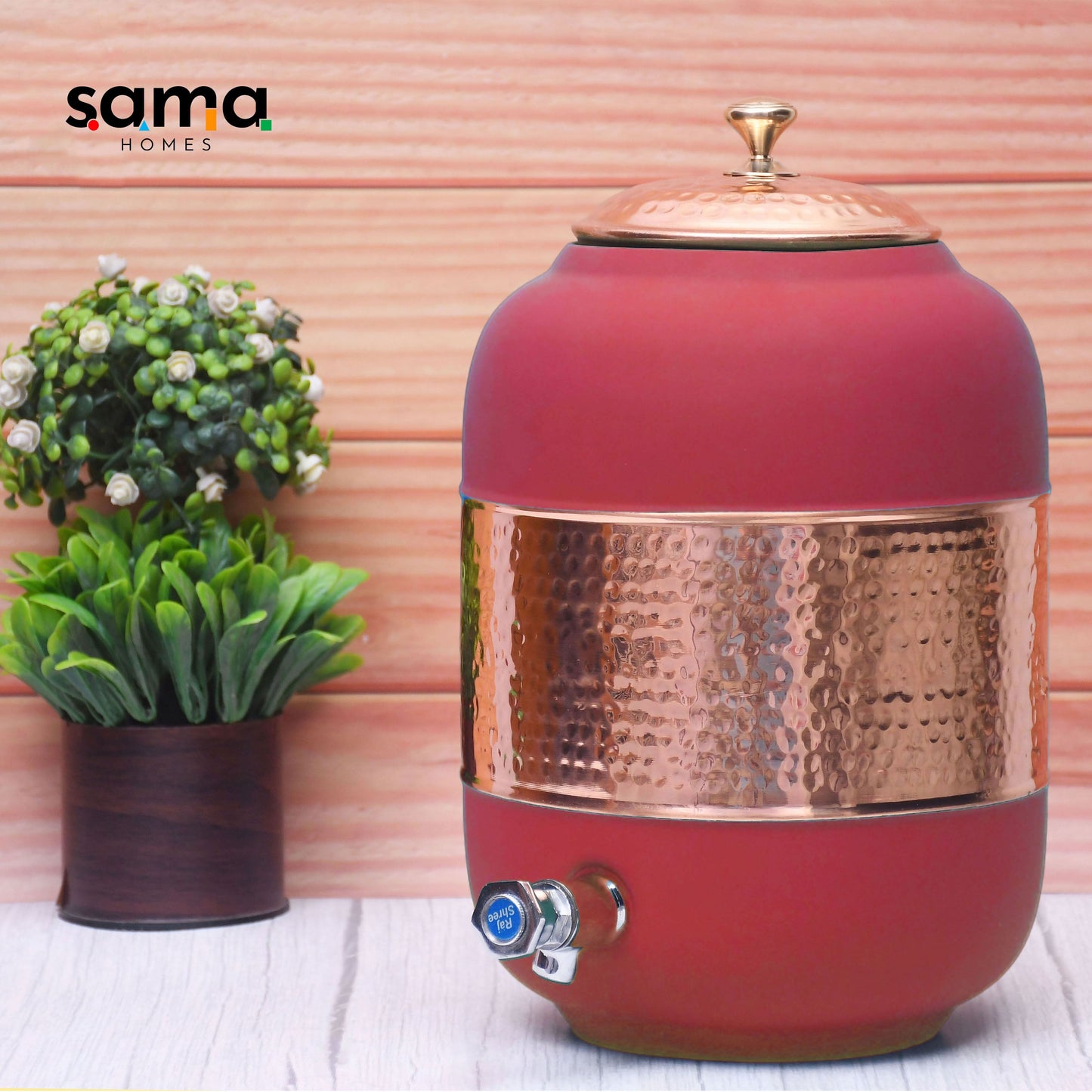 Pure Copper Water Dispenser with Silk Finish and Half Hammered Design 5 & 8 Liter | Colours Available - Red, Blue, Green, Yellow, Black, Gray