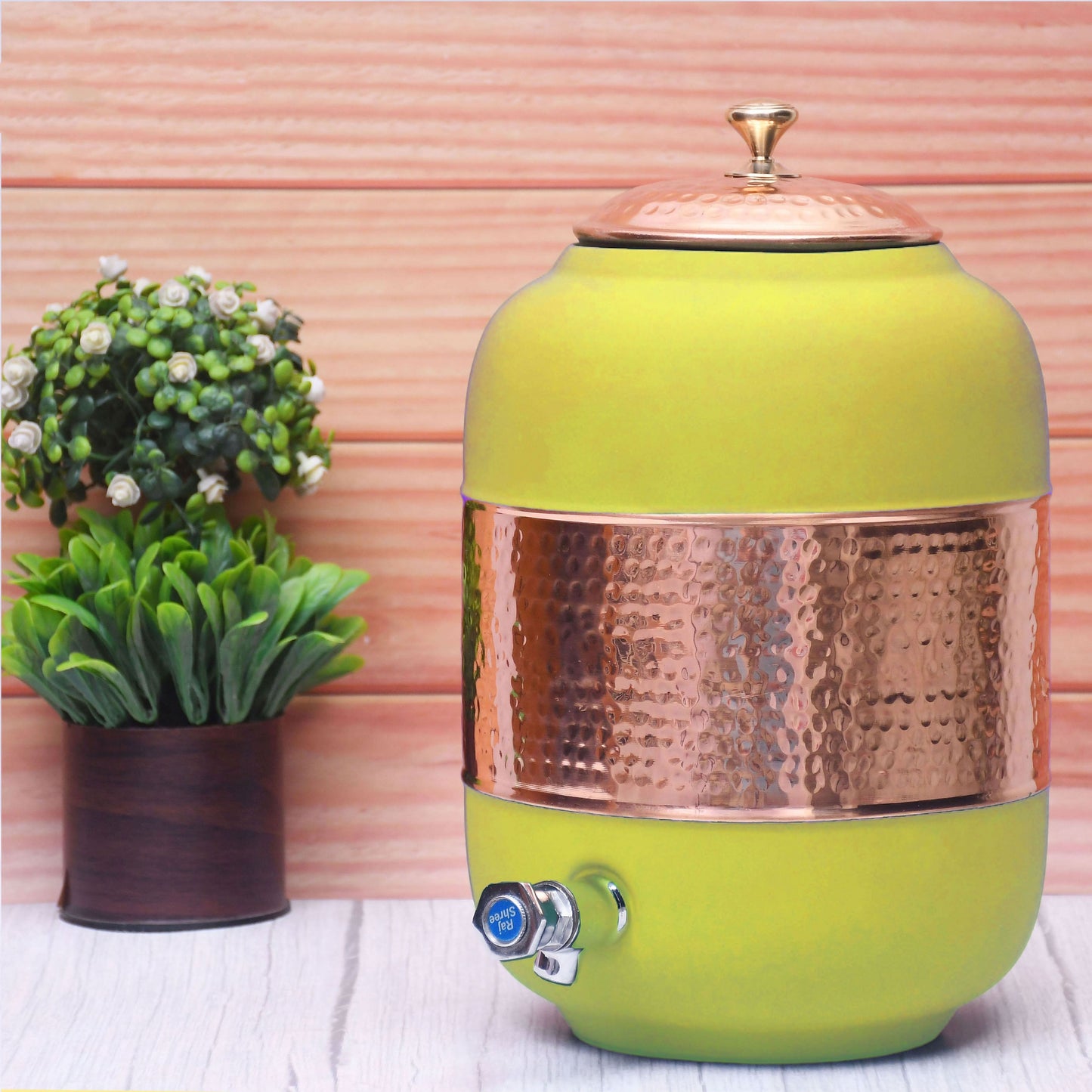 Pure Copper Water Dispenser with Silk Finish and Half Hammered Design 5 & 8 Liter | Colours Available - Red, Blue, Green, Yellow, Black, Gray