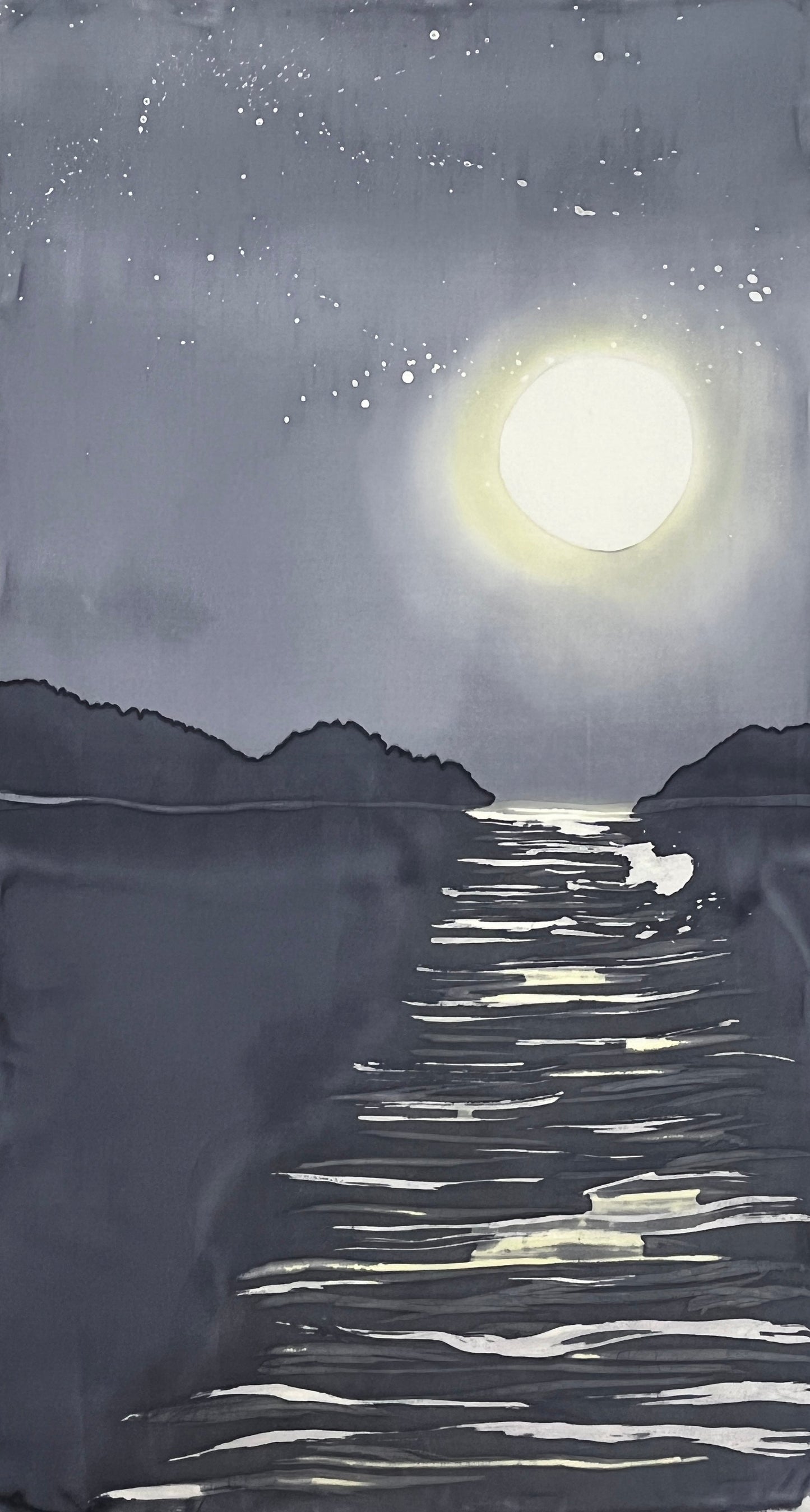 "Moonrise on the Cove” - Hand-dyed Silk Wall Hanging  - $235