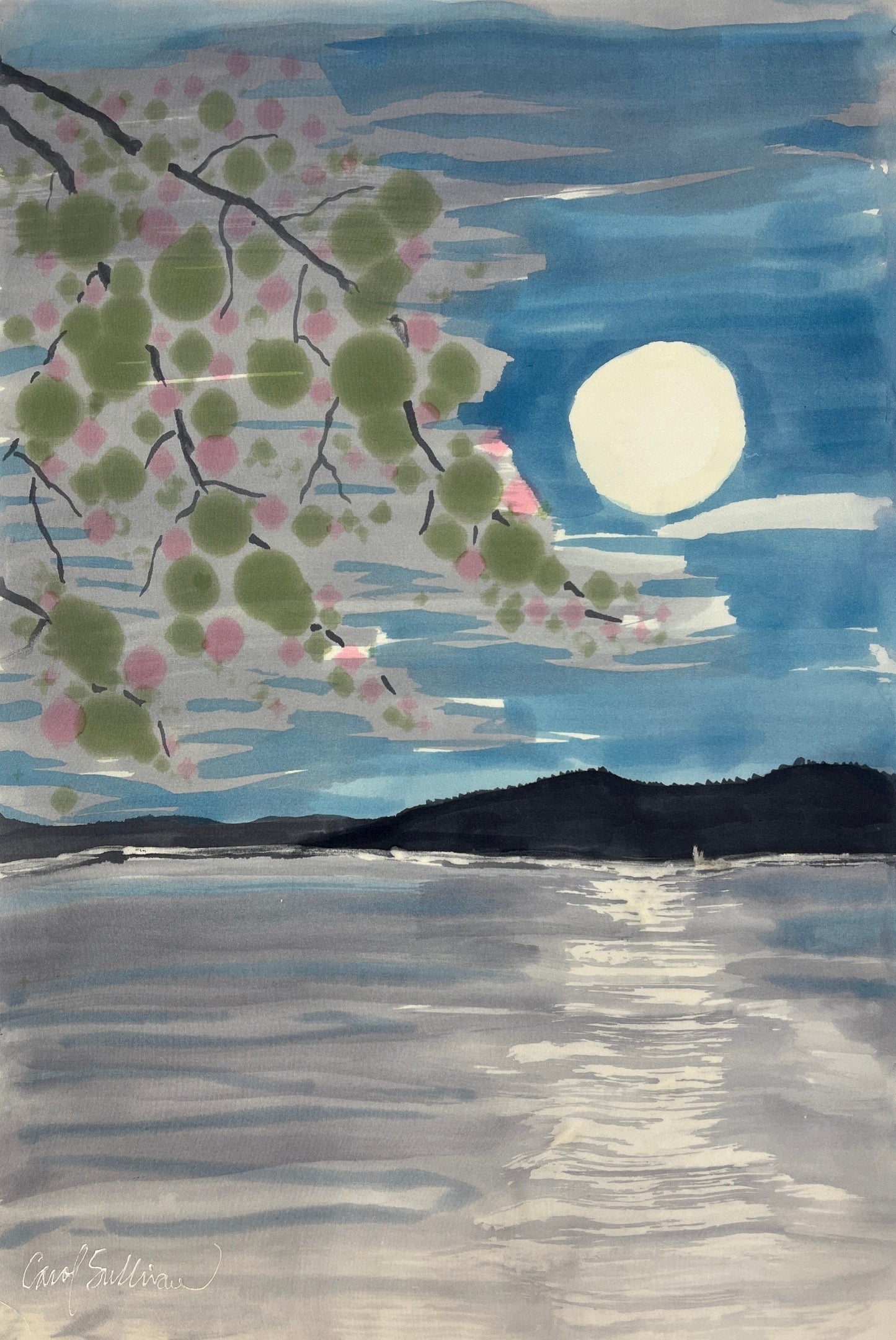 "Cherry Blossom Moon” - Hand-dyed Silk Wall Hanging  - $255