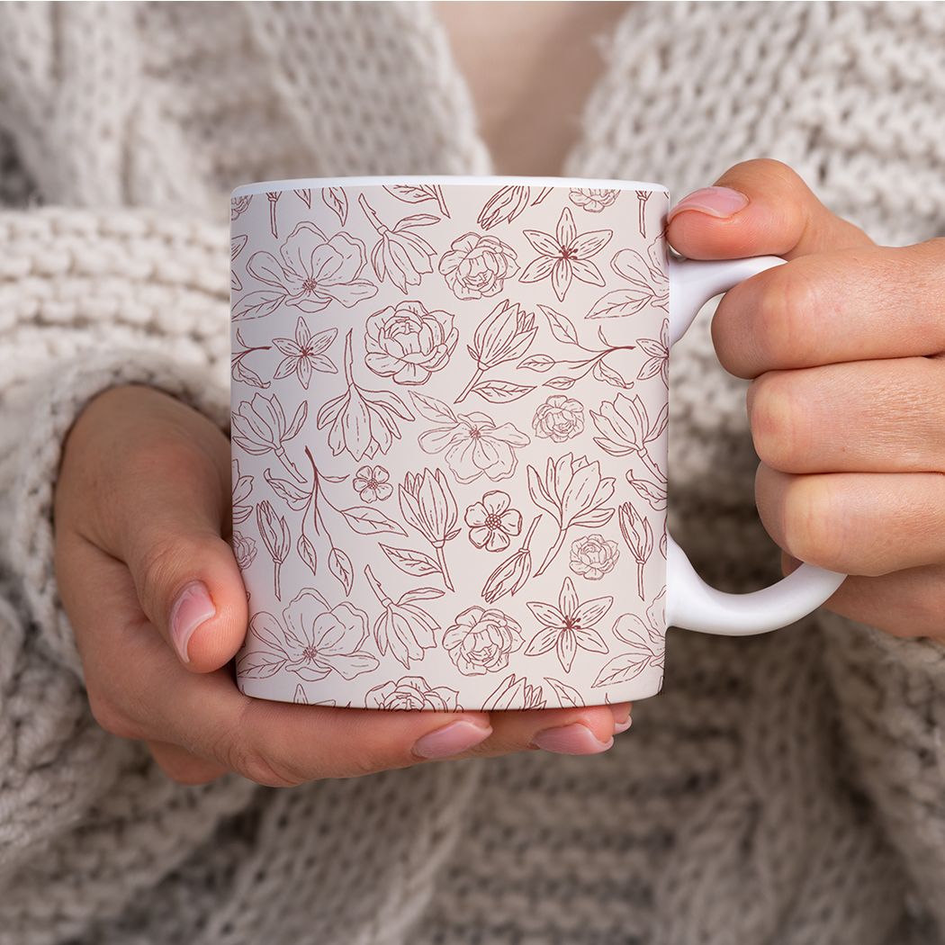 Burgundy Magnolia Pattern - Mug