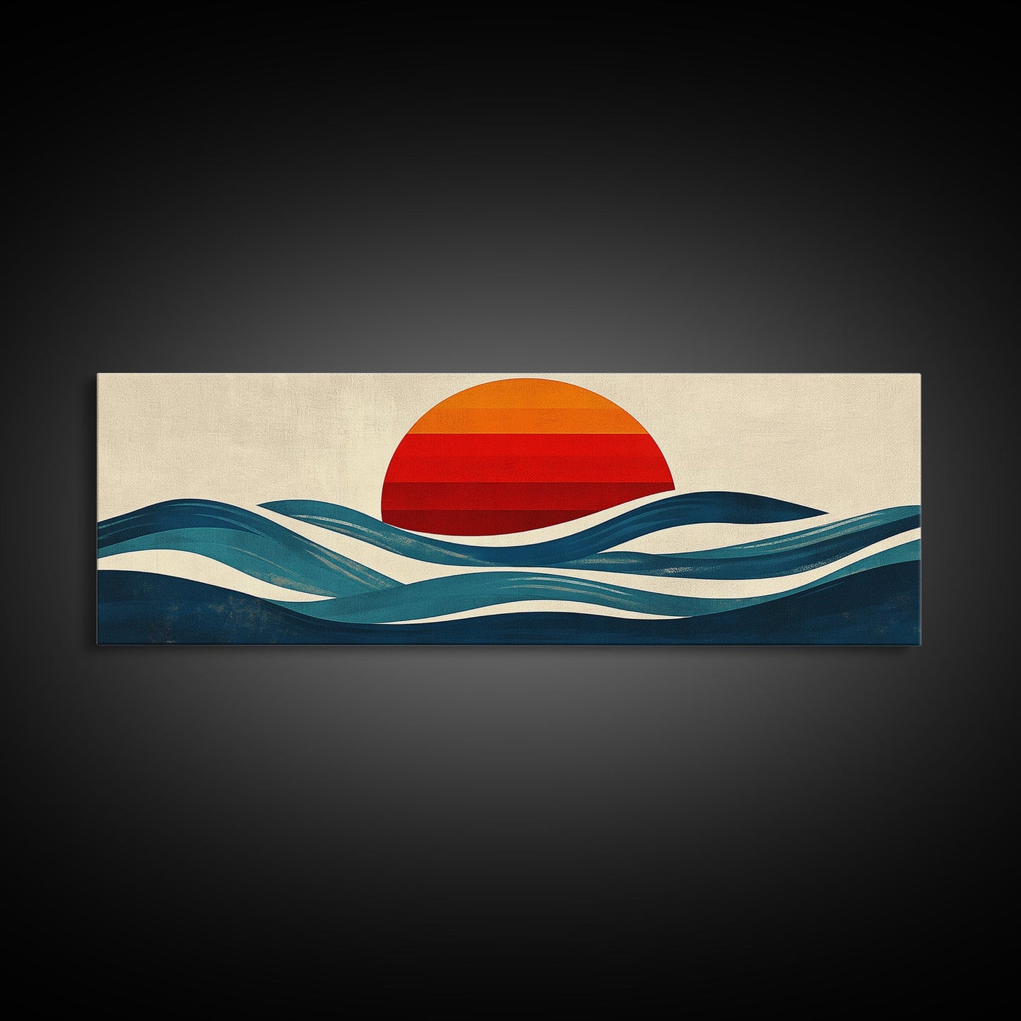 Retro Art Deco Sunset over The Ocean, Framed Canvas Print, Vector Image Style Artwork, Wood Frame, Boho / Eclectic Home Decor, Minimalist Decor