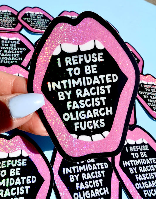 Anti-Fascist Statement Sticker – Bold Political Vinyl Sticker with Pink Glitter Mouth