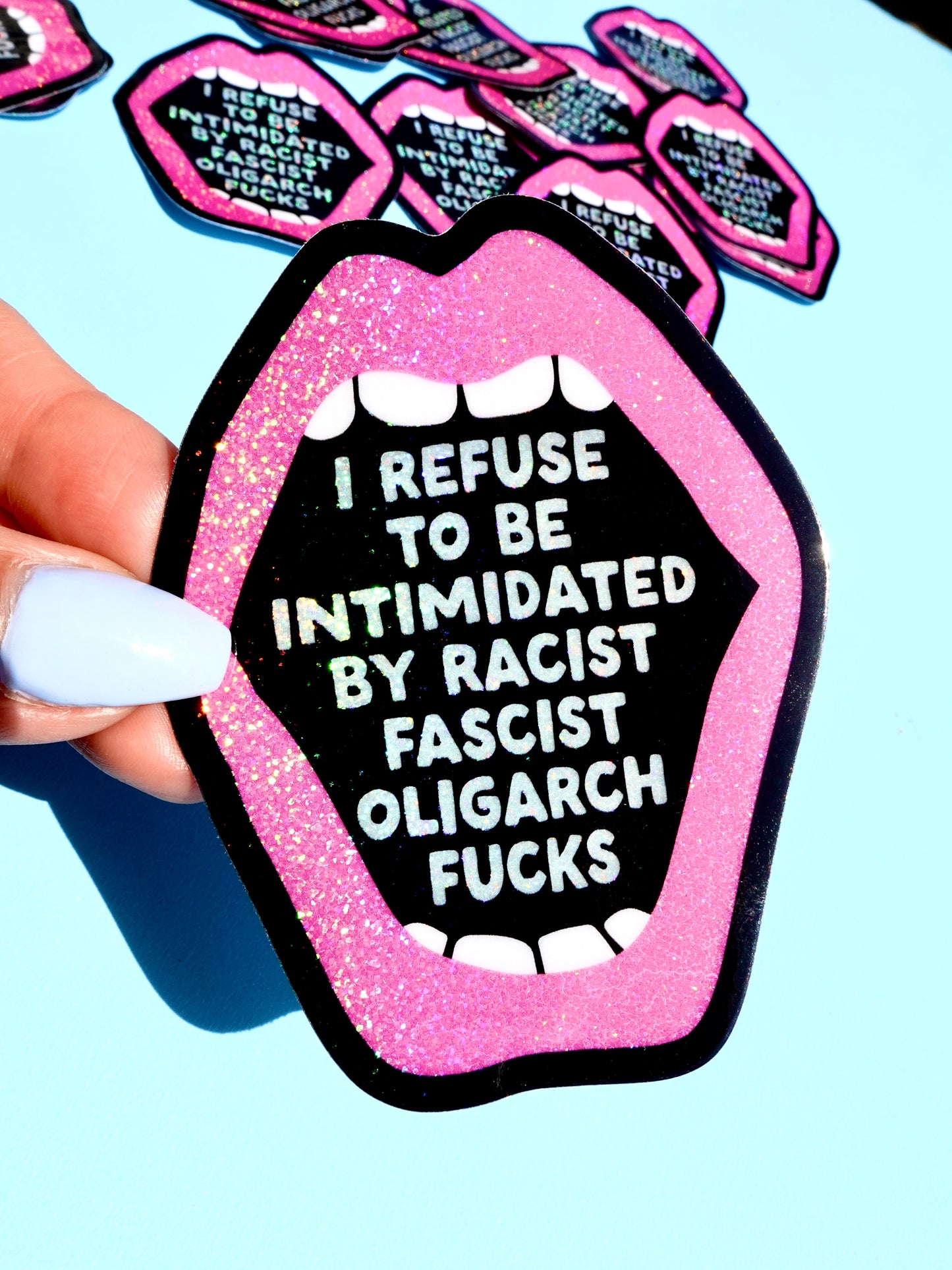 Anti-Fascist Statement Sticker – Bold Political Vinyl Sticker with Pink Glitter Mouth
