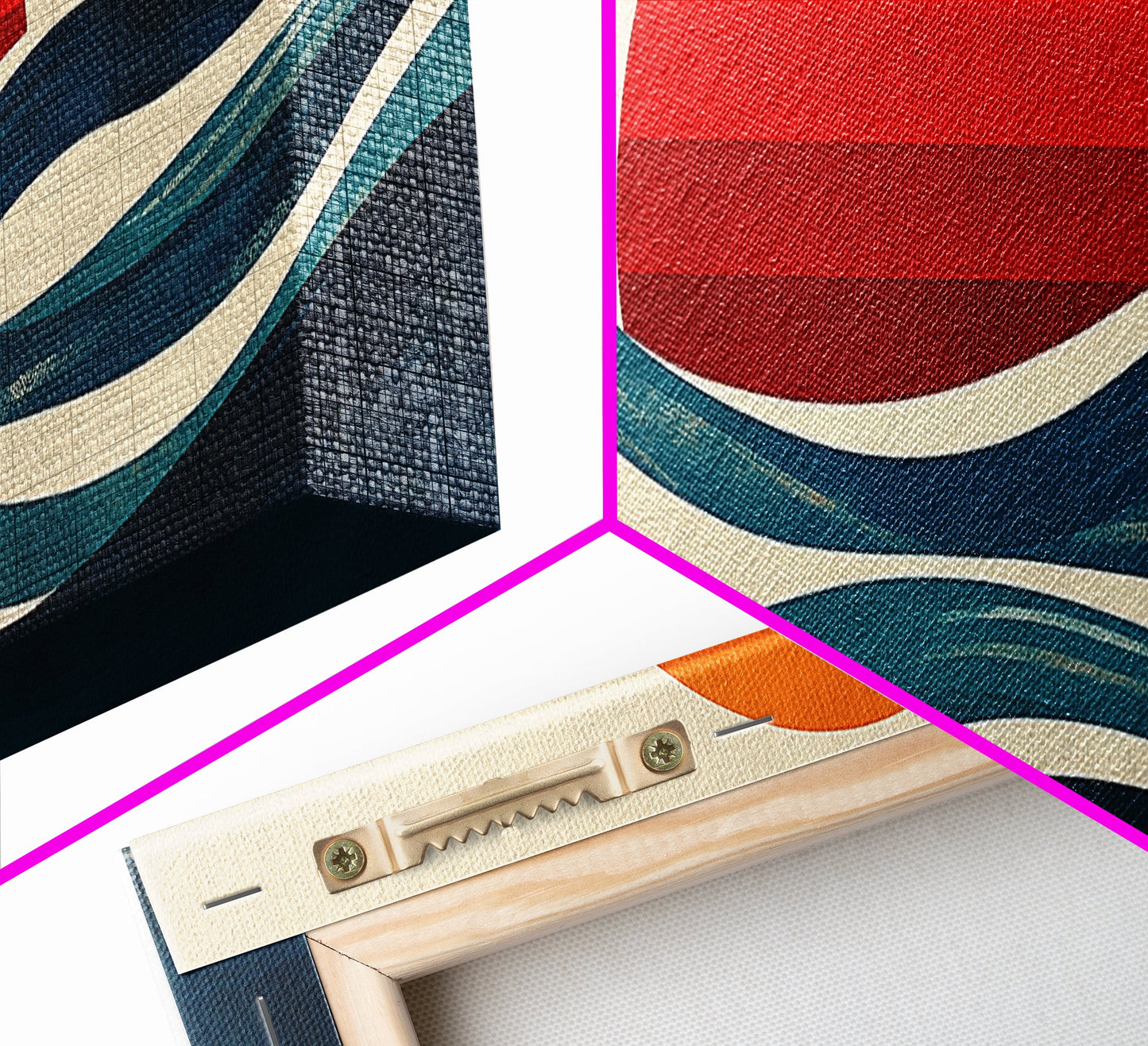 Retro Art Deco Sunset over The Ocean, Framed Canvas Print, Vector Image Style Artwork, Wood Frame, Boho / Eclectic Home Decor, Minimalist Decor