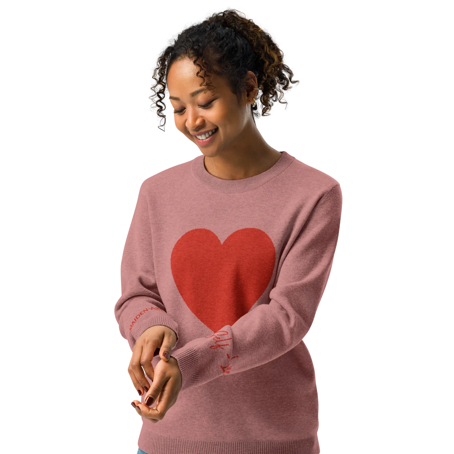 Heart Knitted crew neck sweater CORAL