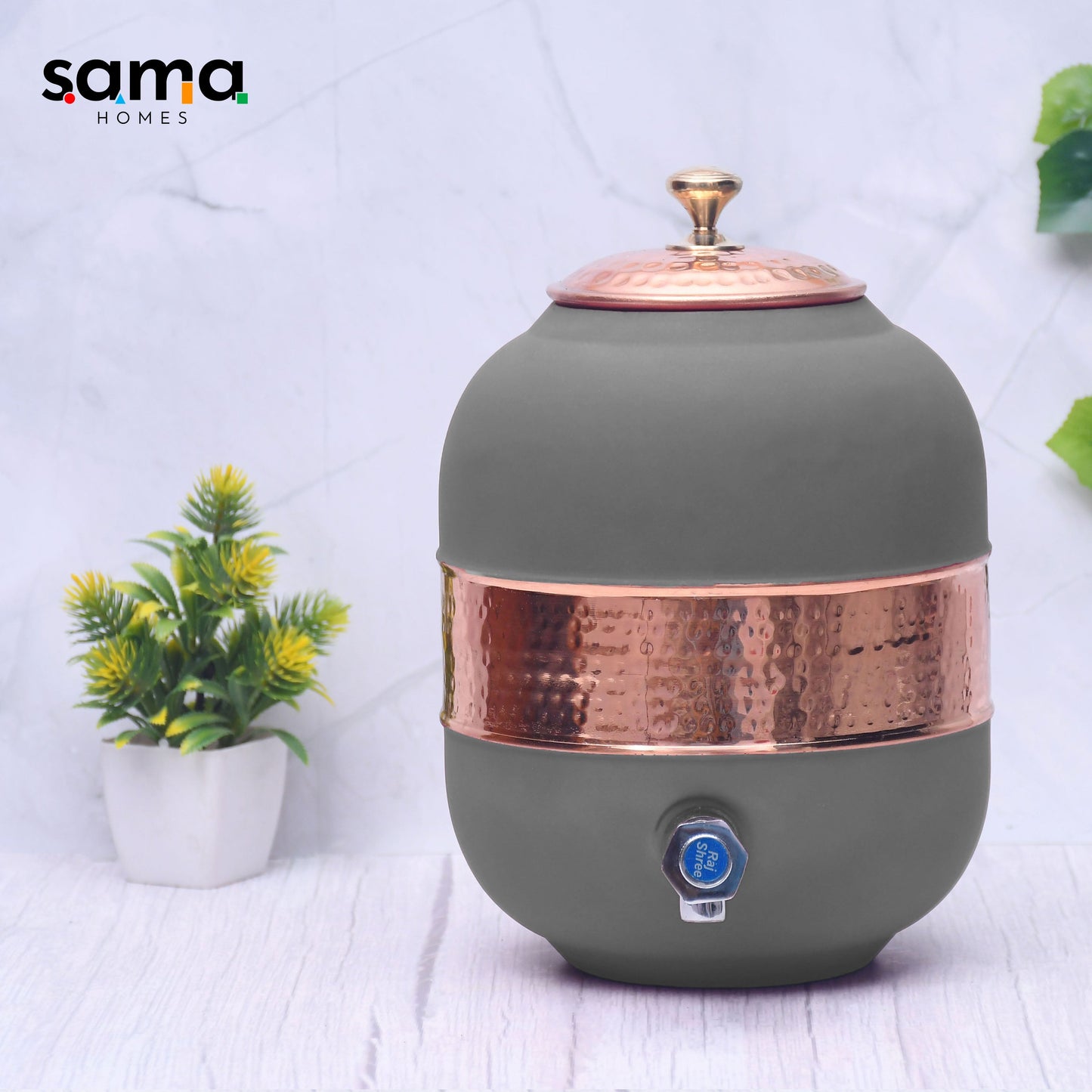 Pure Copper Water Dispenser with Silk Finish and Half Hammered Design 5 & 8 Liter | Colours Available - Red, Blue, Green, Yellow, Black, Gray