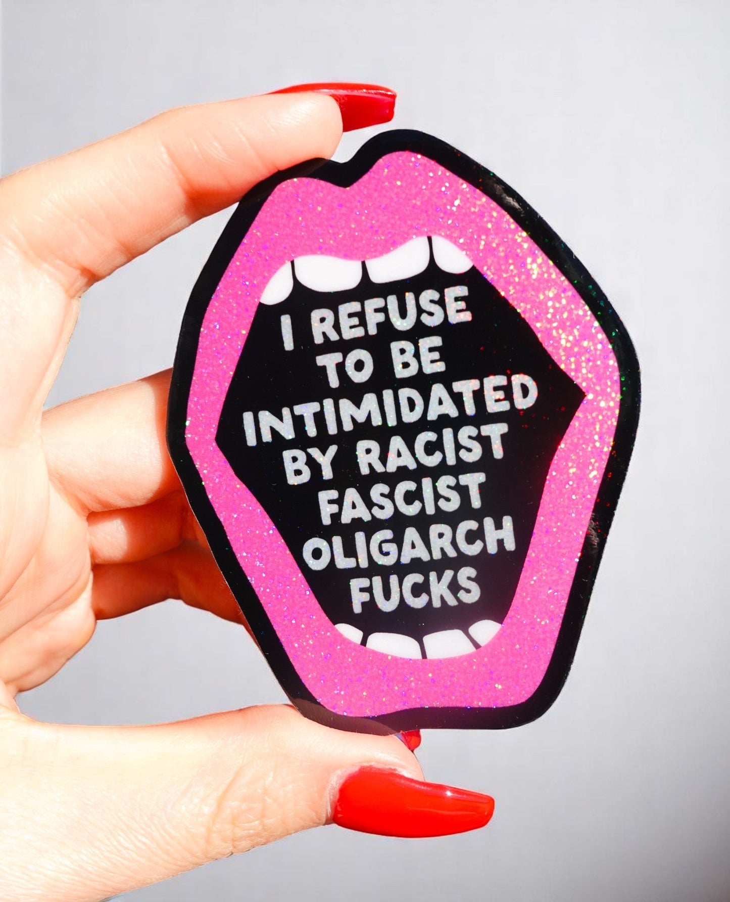 Anti-Fascist Statement Sticker – Bold Political Vinyl Sticker with Pink Glitter Mouth
