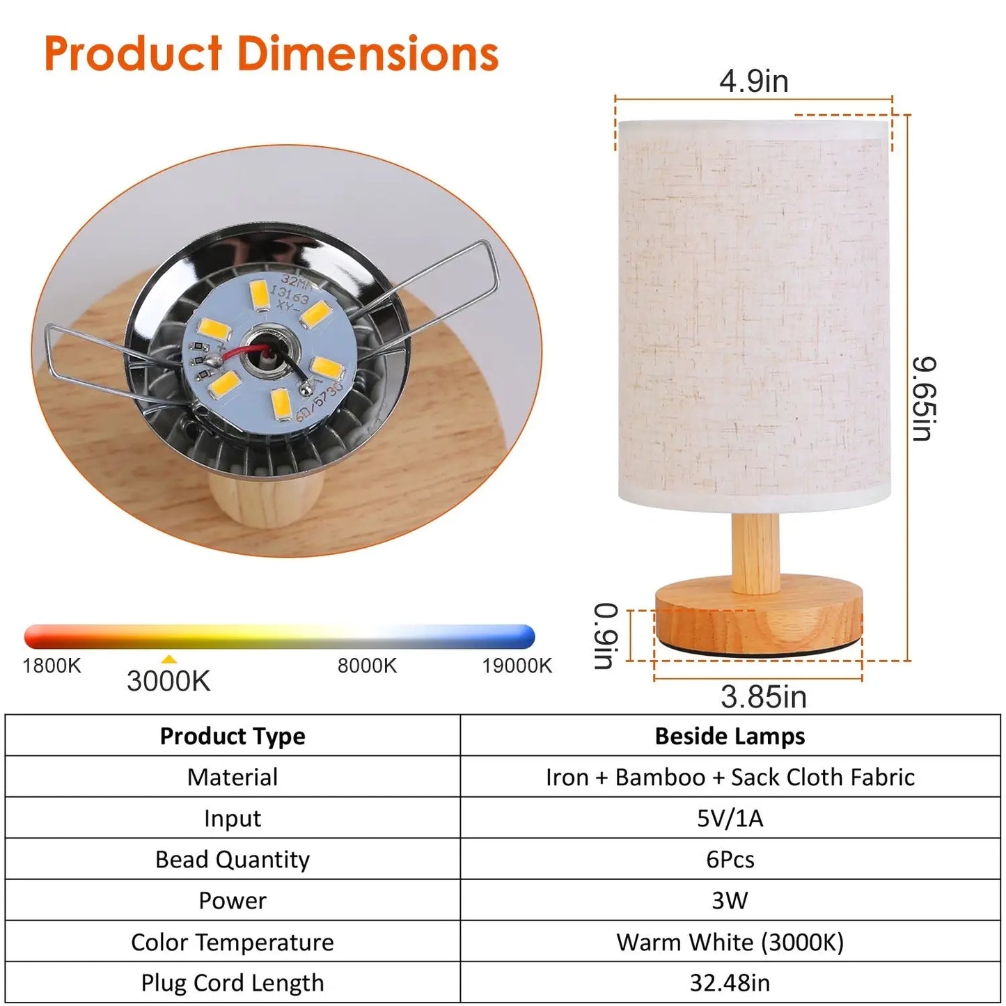Wood & White Desk Lamp with Bamboo Base and Warm 3000K Lighting