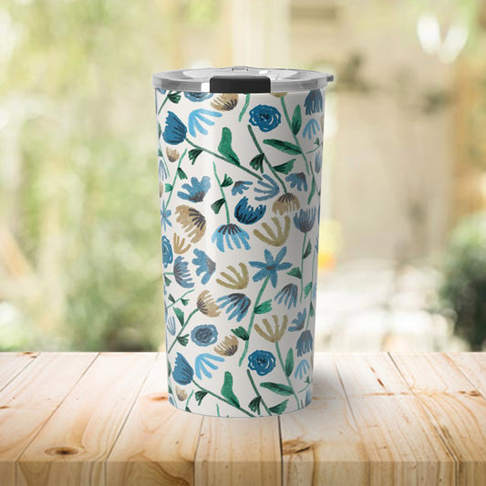 Blue Ink Floral Travel Mug